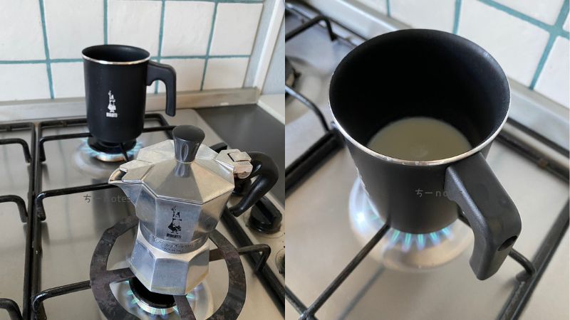 ビアレッティ ミルクフローサーを直火にかけたところ