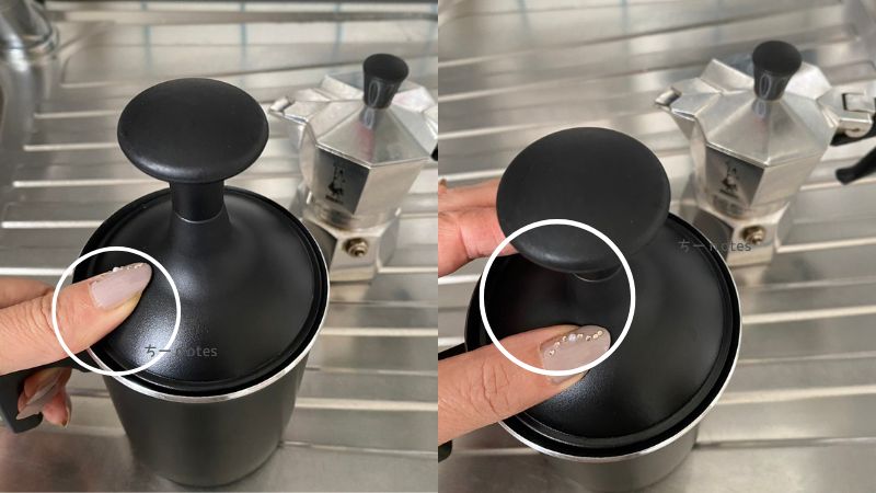 ビアレッティ ミルクフローサーを使う時は蓋を押さえて泡立てる
